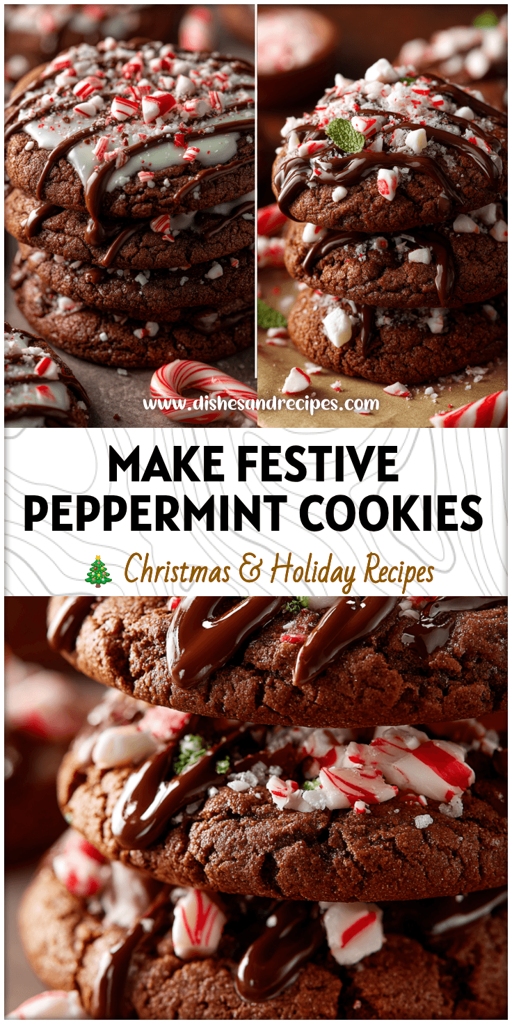 Stack of Peppermint Hot Chocolate Cookies topped with crushed candy canes and rich cocoa drizzle.